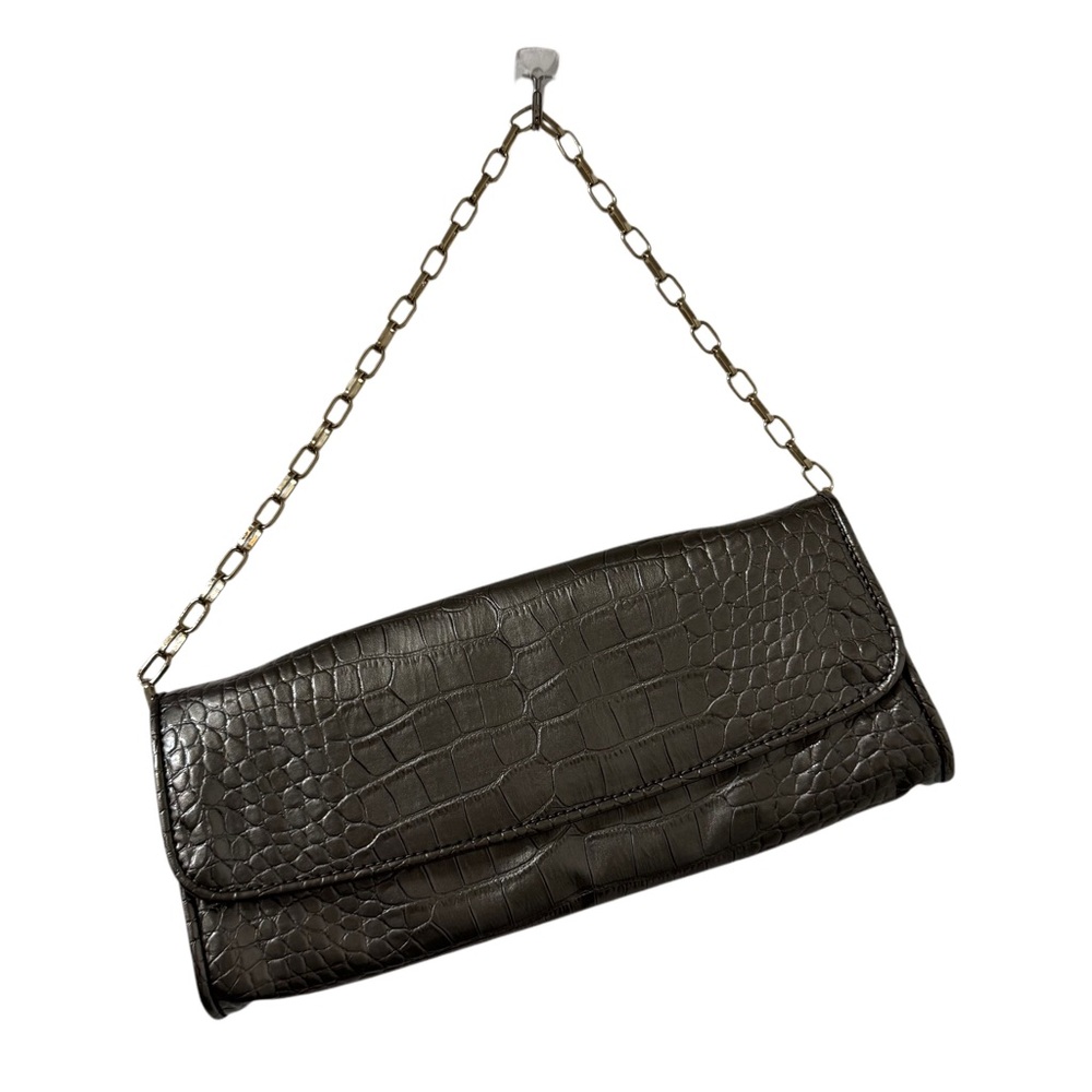 Ann Taylor LOFT Grey Snake Print Patent Baguette Clutch Bag Removable Gold Strap